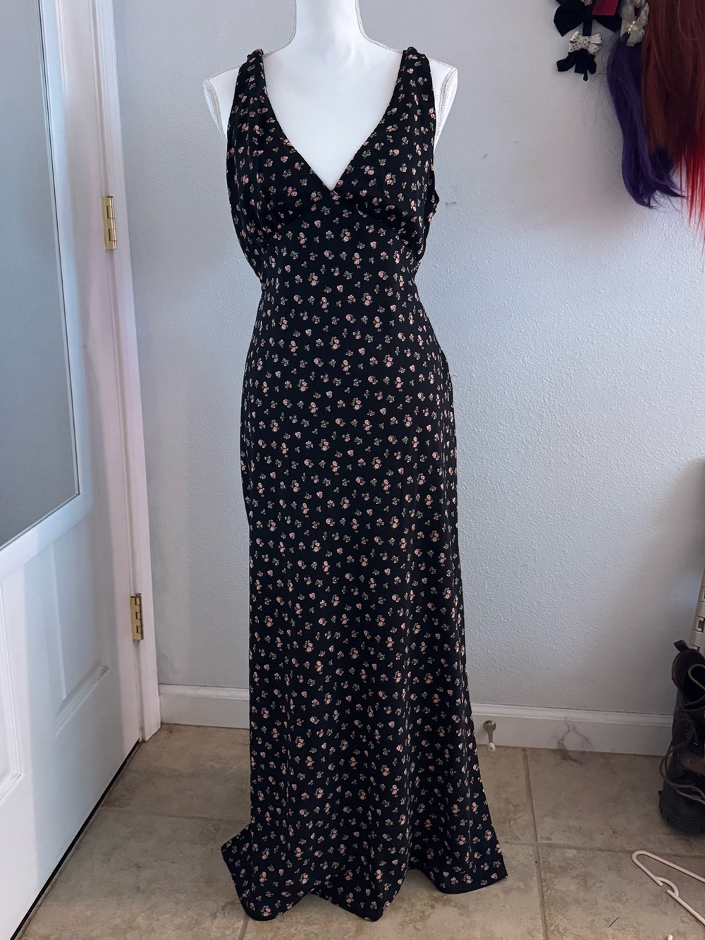 Princess Polly Black Floral V-Neck Maxi Dress with Pink Accents